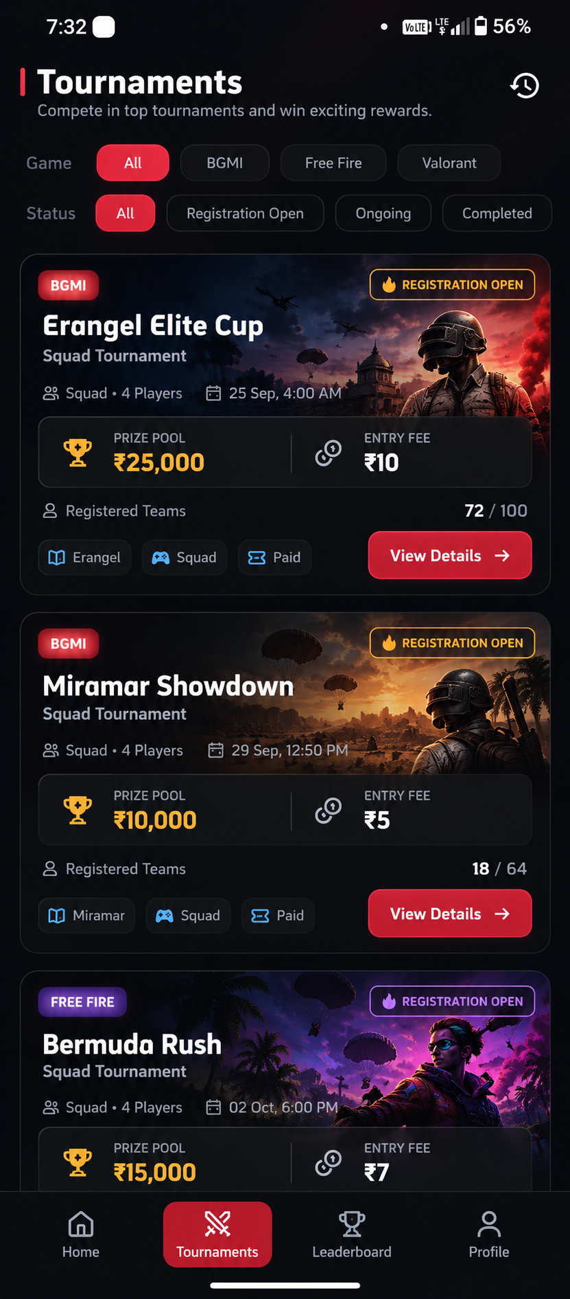 Tournaments: Filter by game and status